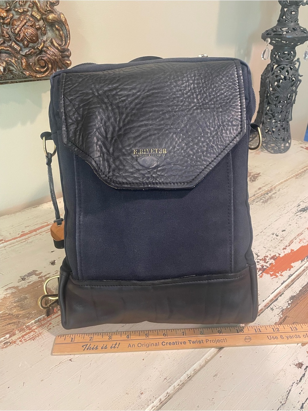 R. Riveter Navy and Black Canvas Leather-Trim Backpack